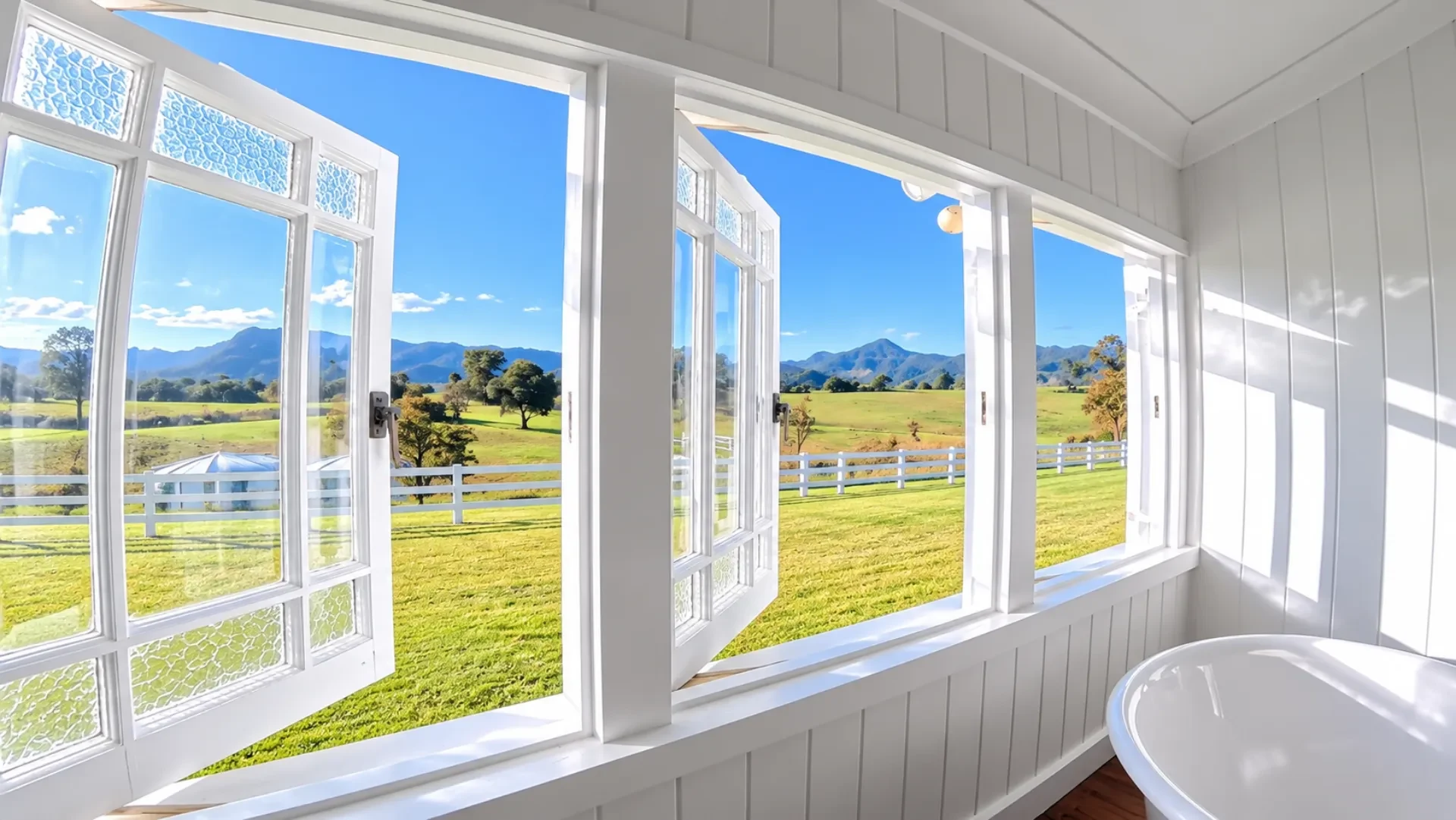 Freshly painted heritage-style home exterior with crisp trim and a bright blue sky